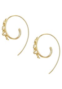 Goldene Ohrringe mit einem wirbelnden Design, das oben blattartige Akzente aufweist. Das Metall hat eine glatte Oberfläche mit einem hellen Glanz.