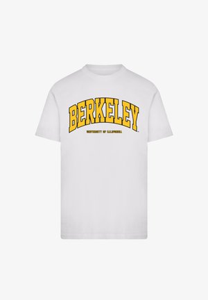 White cotton T-shirt with short sleeves, featuring "BERKELEY" in bold yellow arch text and "UNIVERSITY OF CALIFORNIA" in smaller black text below.