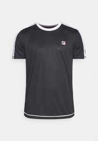 Svart atletisk T-shirt med korta ärmar, vita detaljer på axlarna och nederkanten, rund hals och liten logga på bröstet. Tillverkad av slätt tyg.