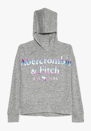 Grå meleret børne-hoodie med farverigt holografisk "Abercrombie & Fitch New York"-logo og elg-grafik på forsiden.