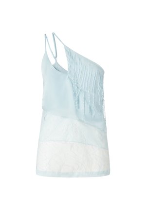 Top sin mangas de color azul claro con diseño de un solo hombro, con flecos y cuentas en la parte superior, y detalles de encaje en la mitad inferior.