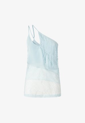 Top sin mangas de color azul claro con diseño de un solo hombro, con flecos y cuentas en la parte superior, y detalles de encaje en la mitad inferior.