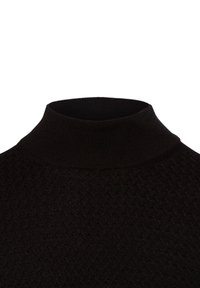 Czarny dziany sweter z wysokim ściągaczem i fakturowanym wzorem na korpusie.
