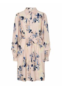 Abito floreale in rosa morbido con motivi blu e navy. Design con bottoni, colletto, maniche lunghe con polsini arricciati e una cintura in tessuto in vita.