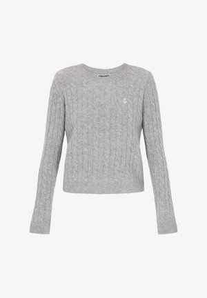 Pulover gri din tricotaj cu model, cu mâneci lungi, decolteu rotund și manșete cu nervuri. Prezintă un mic detaliu brodat în formă de ancoră pe piept.