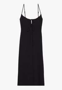 Vestido negro de tirantes finos ajustables, con detalle de nudo en el frente, corpiño ajustado y falda fluida. Fabricado con un tejido texturizado.