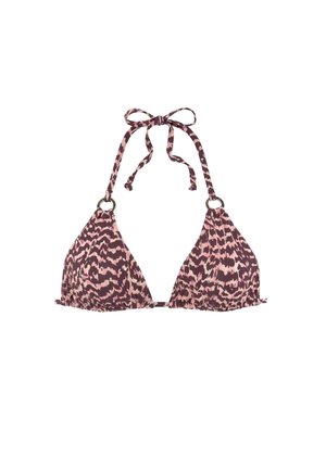 Triangularni bikini vrh v roza in mauvem živalskem potisku. Ima vezalne trakove in okrogle dodatke na zgornjih kotičkih. Mehka tkanina.