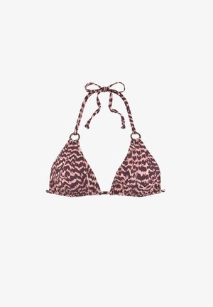 Triangularny biustonosz bikini w różowym i mauve'owym wzorze zwierzęcym. Posiada wiązane ramiączka oraz okrągłe akcenty metalowe w górnych rogach. Miękka tkanina.