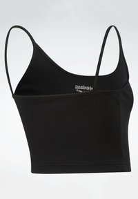 Fekete bordázott crop top vékony pántokkal, belső logó címkével. Simaság és illeszkedő fazon jellemzi, egyszínű.