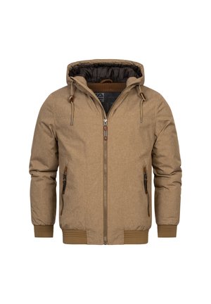 Giacca zip-up color sabbia con cappuccio, caratterizzata da un tessuto testurizzato, polsini elastici, dettagli con cordino e due tasche frontali con zip.