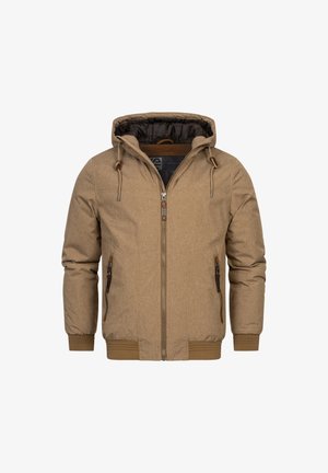 Tan zip-up jacket with a hood, featuring a textured fabric, elastic cuffs, drawstring details, and two front zipper pockets.