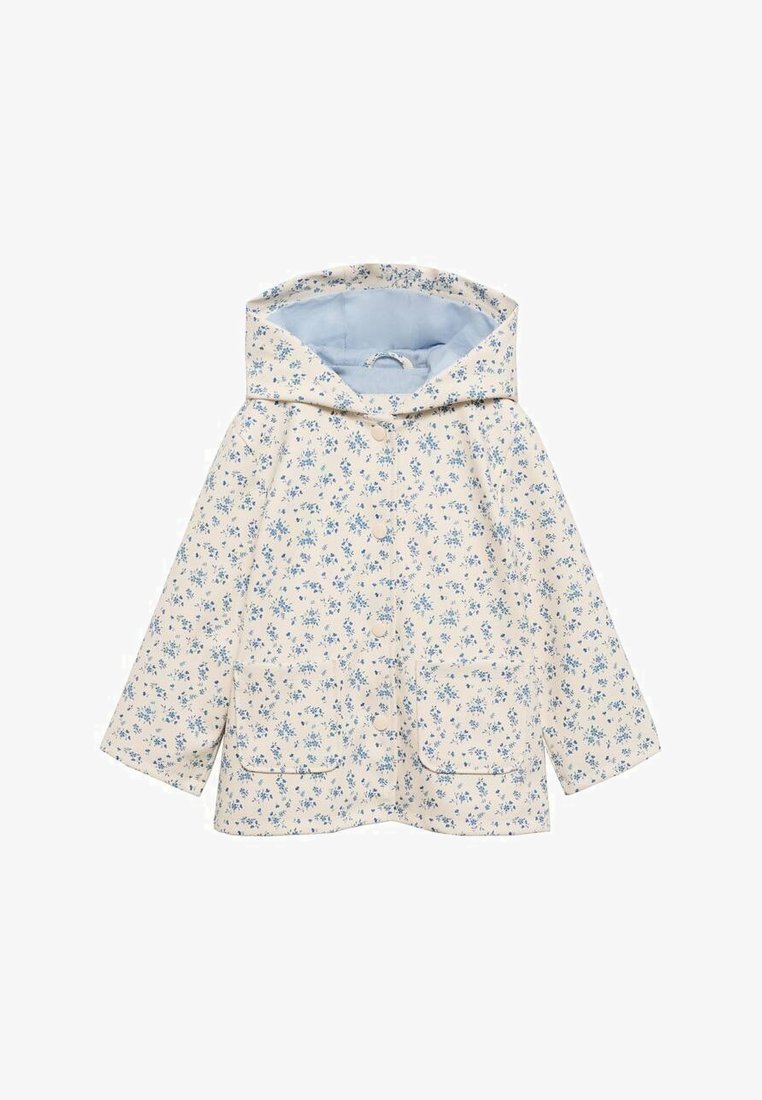 Floral raincoat in pale cream with blue flower patterns, featuring a lined hood, snap closure, and two front pockets. Lightweight material.
