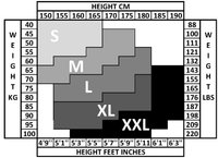 Tableau des tailles affichant les tailles de vêtements S, M, L, XL et XXL dans différentes nuances de gris, avec des mesures de taille et de poids indiquées en centimètres et en livres.