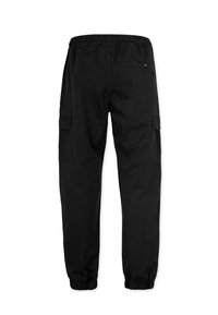 Schwarze Cargo-Hosen mit elastischem Bund, schmal zulaufenden Bündchen, seitlichen Cargo-Taschen und einer Gesäßtasche. Hergestellt aus strapazierfähigem Stoff mit glatter Textur.