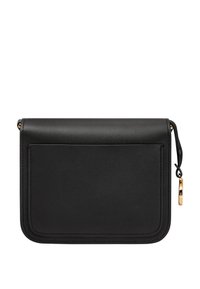 Black leather clutch bag with a smooth texture, flap closure, and gold hardware accent. Features a back pocket and stitched edges.