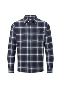 Button-up shirt in a navy blue plaid pattern with light blue and gray squares. Long sleeves and a chest pocket on the left side.