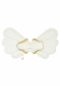 White fabric butterfly wings with gold accents and thin blue stitching. Features a central strap for attachment, shaped with rounded edges.