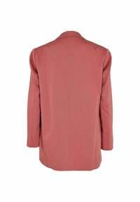 Blazer de manga larga en un color rosa polvo sólido, con un ajuste entallado, tejido suave y diseño de cuello clásico, sin hardware visible.