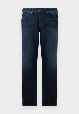 Dunkelblaue Jeans aus Denim mit geradem Bein, fünf Taschenstil und sichtbarem Knopfverschluss an der Taille. Glatte Textur.