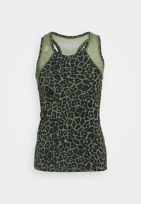 Groen tanktop met een zwart luipaardprint, voorzien van gaas-inzetten en een racerback ontwerp. Zachte, rekbare stof en een aansluitende pasvorm.