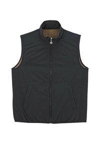 Gilet sans manches noir avec un col montant, fermeture éclair, poches latérales et une texture lisse et légère. L'intérieur a une couleur contrastante.