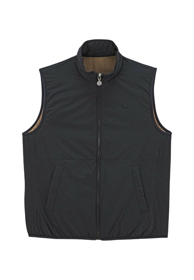 Gilet sans manches noir avec un col montant, fermeture éclair, poches latérales et une texture lisse et légère. L'intérieur a une couleur contrastante.