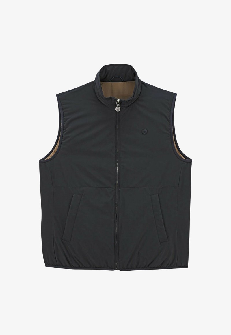 Gilet sans manches noir avec un col montant, fermeture éclair, poches latérales et une texture lisse et légère. L'intérieur a une couleur contrastante.