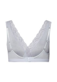 Svetle modrá podprsenka s hlubokým výstřihem do V, krajkovými detaily kolem okrajů, nastavitelnými ramínky a zapínáním na háček a oko na zadní straně.