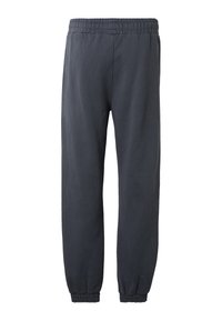 Tamsiai pilkos laisvalaikio kelnės su elastine juosmens juosta ir elastingais rankogaliais, parodytos iš priekio ant balto fono.