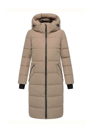 Long beige puffer coat with a hood, featuring a front zipper, two side pockets, and black accents on the cuffs. Textured quilted design.