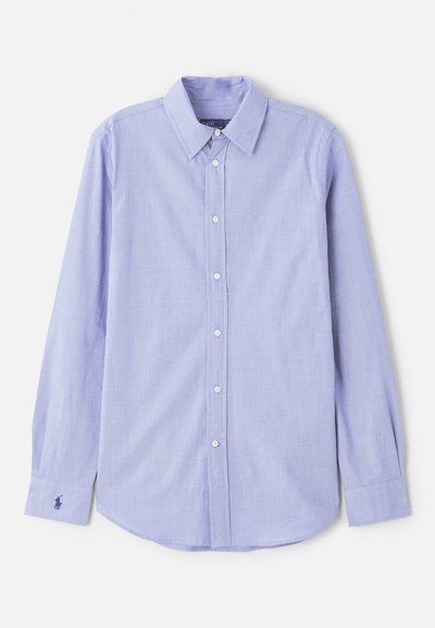 Light purple button-up shirt with long sleeves, classic collar, front placket, and an embroidered logo on the left cuff. Smooth fabric texture.