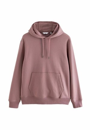 Helle rosa Kapuzenjacke aus weichem Material mit einer großen Fronttasche, einer Kordelzugkapuze, gerippten Bündchen und Saum. Einfaches Design mit minimalen Details.