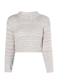 Gekürzter Pullover mit langen Ärmeln, Strickstruktur, mehrfarbigen Pastellstreifen sowie einem gerippten Kragen und Saum.