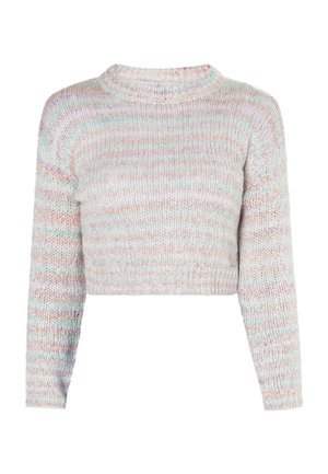 Maglione cropped con maniche lunghe, texture a maglia, strisce pastello multicolori e colletto e orlo a coste.