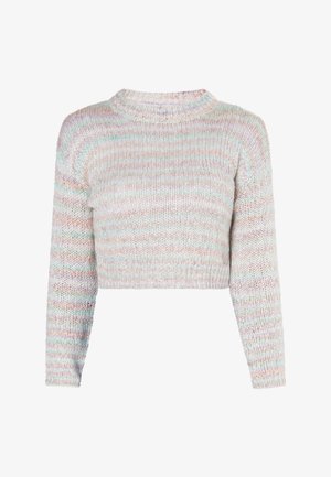 Cropped sweater with long sleeves, knit texture, multicolored pastel stripes, and a ribbed neckline and hem.