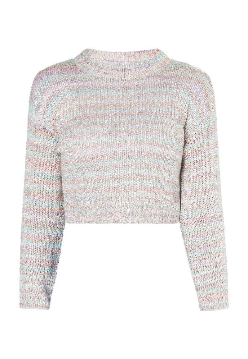 Gekürzter Pullover mit langen Ärmeln, Strickstruktur, mehrfarbigen Pastellstreifen sowie einem gerippten Kragen und Saum.