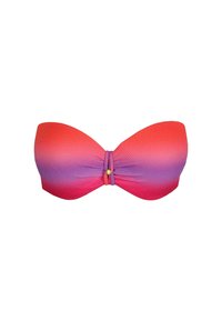 Strapless bikini-top met een gradient ontwerp dat van rood naar paars vervaagt, textuurstof en een decoratieve middelste knoop met een gouden accent.