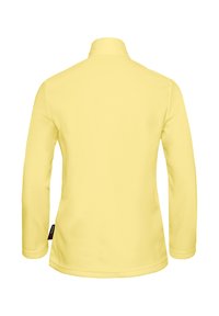 Langärmliges Polohemd, gelb, aus weichem Stoff, mit kragenförmigem Halsabschluss, seitlichem Etikett, schlichtes flaches Design ohne Muster oder Akzente.