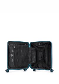Pevný kufr s tyrkysovým rámem, vícebarevným texturovaným povrchem, černým vnitřkem s přihrádkami a nastavitelnými popruhy.