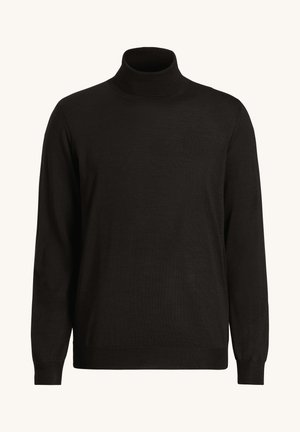 Zwarte turtleneck trui van fijn breiwerk, met lange mouwen, een aansluitende kraag en een gladde textuur zonder patronen.