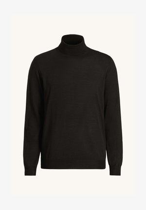 Zwarte turtleneck trui van fijn breiwerk, met lange mouwen, een aansluitende kraag en een gladde textuur zonder patronen.