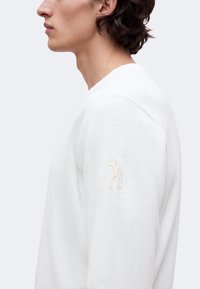 Homme aux cheveux bruns mi-longs portant un pull blanc orné d'une petite figure brodée sur la partie supérieure de la manche, vu de côté.