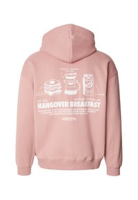 Rosa Kapuzenpullover aus Baumwolle mit einem grafischen Design auf der Rückseite, das Frühstücksartikel und Text zeigt. Er verfügt über eine Vorderkängurutasche und eine Kapuze mit Kordelzug.