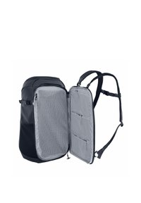 Zaino nero con interno grigio, apertura con cerniera, tasche in rete e spallacci regolabili. Presenta un design elegante e arrotondato.