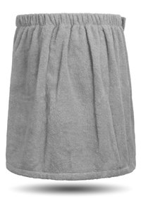 Grau terry Stoff Wickelrock mit elastischem Bund, ausgestattet mit geraffter Textur und knielangem Saum. Weicher, saugfähiger Stoff.