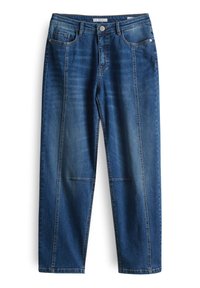 Jeans in denim blu a vita alta, con un design a gamba dritta, tasche frontali e leggera scoloritura. Presentano cuciture rinforzate e chiusura con bottone.