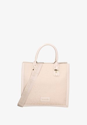 Witte textuur handtas met dubbele handvatten en een afneembare schouderband. Voorzien van gouden hardware en een gemarmerd oppervlak. Merklogo zichtbaar aan de voorkant.