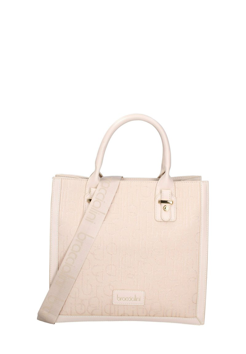 Borsa a mano bianca con una texture, dotata di doppi manici e di una tracolla removibile. Presenta finiture in oro e una superficie con motivo. Il logo del brand è visibile sul davanti.