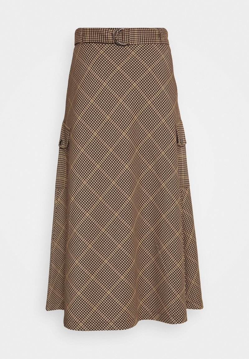Jupe midi à carreaux marron et beige en forme trapèze, poches cargo latérales avec rabats à boutons et ceinture assortie en tissu avec boucle métallique.