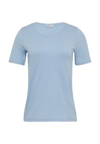 Lichtblauw T-shirt met korte mouwen en ronde hals, gemaakt van zachte stof, met een gladde textuur en een slim-fit ontwerp.